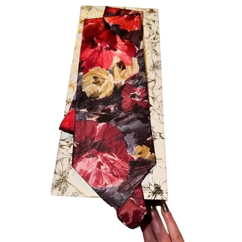 Gitano Men's Floral Print Neck Tie Red Gold Black 3.75" Wide